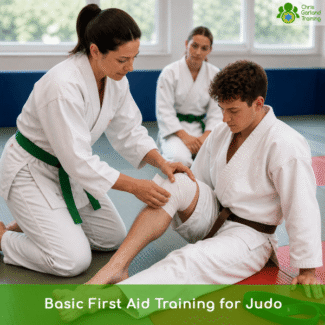 A first aid training demonstration inside a martial arts dojo. A woman wearing a white judo gi and a green belt is kneeling to wrap a white bandage around the right knee of a man sitting on the mat in a brown belt gi. Another student sits in the background watching. A logo for "Chris Garland Training" is in the top right, and a prominent green text overlay at the bottom reads "Basic First Aid Training for Judo."