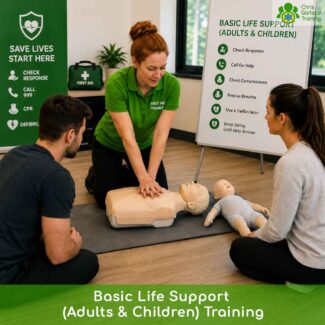 Photorealistic AI generated image of a trainer demonstrating CPR as part of Basic Life Support training.