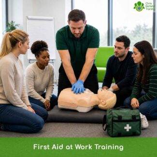 Trainer demonstrates CPR technique with first aid at work training