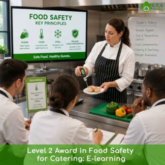 Photorealistic AI generated image of a trainer demonstrating the key principles of food safety for catering, during training