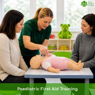 Trainer demonstrates an element of paediatric first aid training.