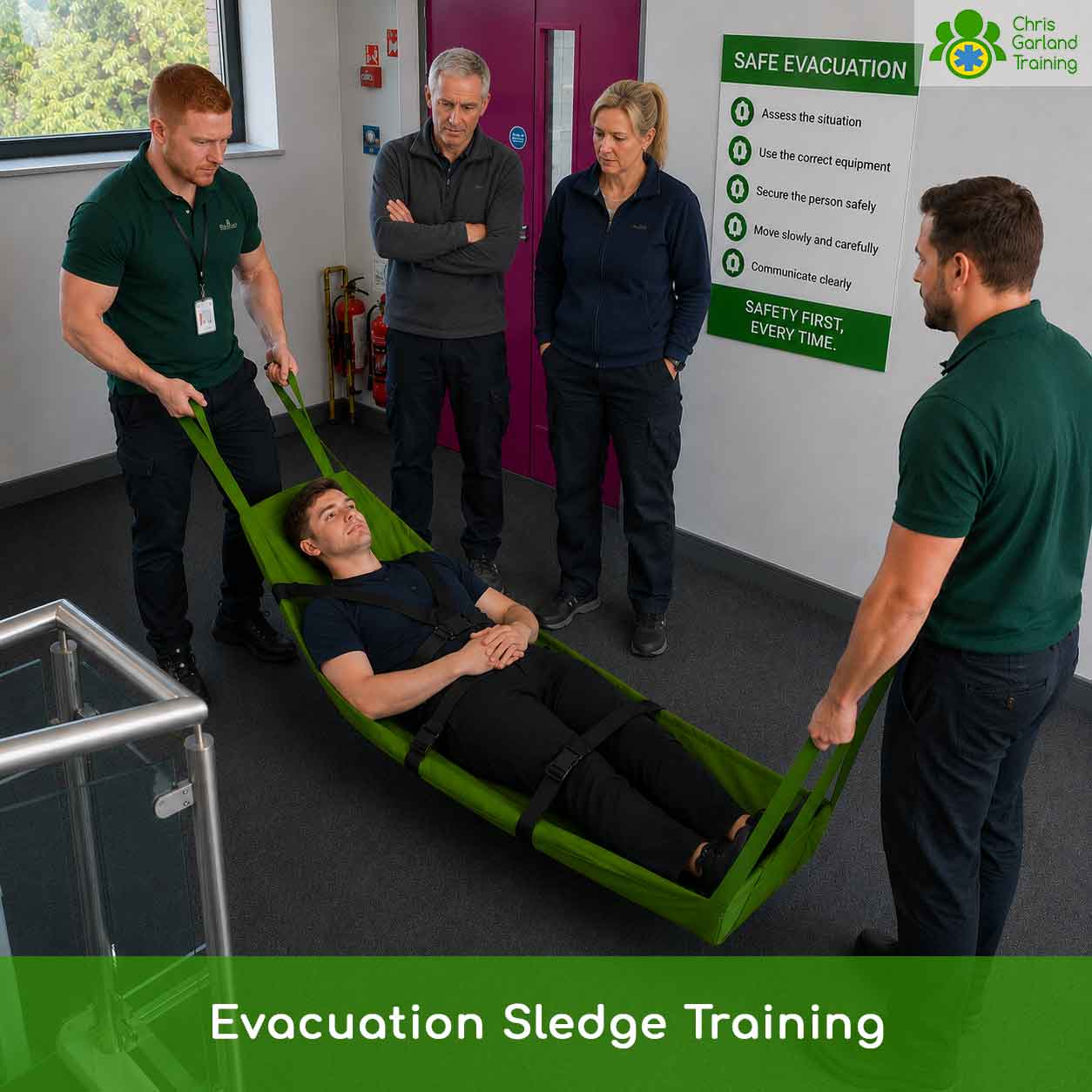 A 5-hour Evacuation Sledge Operator course covering disability awareness, evacuation etiquette, and moving, lifting and handling techniques: the full government-recommended scope. Many courses do not cover all three. Ours does.