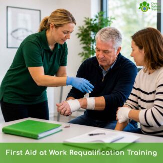 Trainer demonstrates wound dressing as part of first aid at work training course