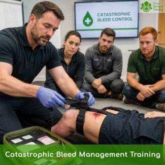 A photorealistic AI generated image of a trainer demonstrating a tourniquet technique during catastrophic bleed management training