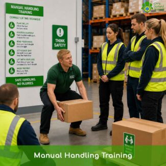 An image of a trainer demonstrating the correct way to lift a heavy item.