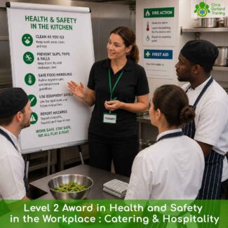 Ofqual-accredited Level 2 Health and Safety course for catering and hospitality staff. Filmed on location in a commercial kitchen. Covers kitchen hazards, goods-in risks, risk assessment and first aid essentials