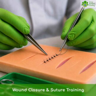 A full-day wound closure course covering wound closure strips, surgical adhesive, staples and suturing. For registered healthcare professionals and others in pre-hospital care. Includes a free take-home suturing kit