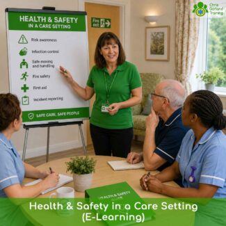 CPD-approved online health and safety course for care workers. Covers legislation, management responsibilities, common hazards, emergency situations and staff welfare in care home settings.