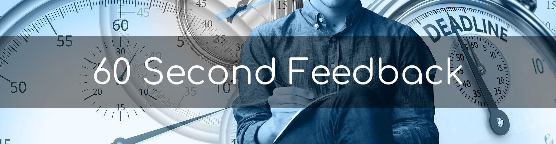 60 Second Feedback course evaluation banner on a clean grey background for Chris Garland Training.