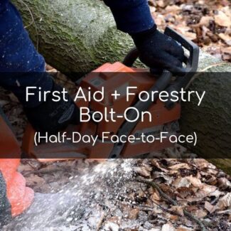 Image of a chainsaw cutting through a log in a woodland setting.