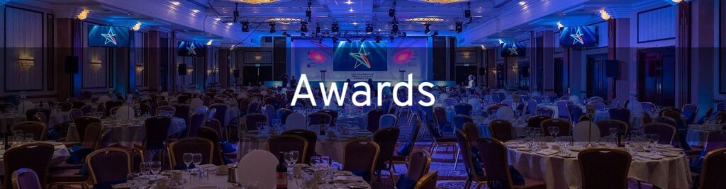 Image of an awards ceremony with the word "Awards" written over it.