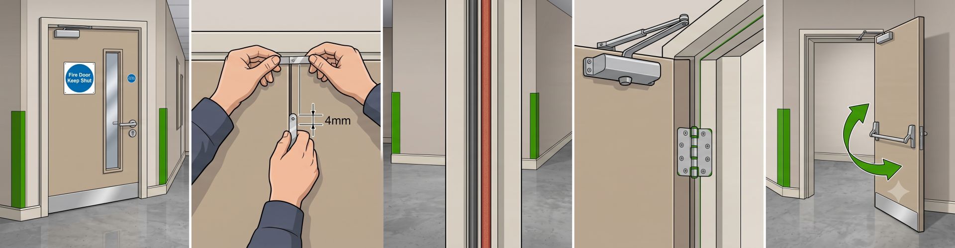 A five-panel technical diagram illustrating a fire door inspection checklist: verifying blue fire door keep shut signage, measuring the frame gap clearance with a 4mm gauge, checking the intumescent seal strip continuity, inspecting the CE-marked overhead door closer and hinges, and testing the emergency exit push-bar operation.