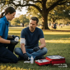 A wide-angle, landscape-oriented photo set in a sunlit park. A female first aider in a blue polo shirt and black gloves kneels on the grass, tending to a middle-aged man. The man is sitting cross-legged, looking down at a minor scrape on his forearm which has a white bandage partially applied. In the foreground, an open red first aid kit sits on the grass, filled with medical supplies. Large trees and a blurred park background create a calm, outdoor atmosphere.