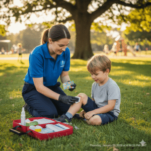 A landscape-oriented photograph of a young boy sitting on the grass in a park, receiving care for a grazed knee. A female first aider in a blue uniform is kneeling beside him, gently dabbing his knee with a sterile wipe while holding a colorful, patterned bandage. The boy looks on curiously and calmly. A red first aid kit is open in the foreground, and the background features a soft-focus view of a playground and trees under warm, late-afternoon sunlight.