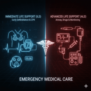A split-screen medical infographic titled 'EMERGENCY MEDICAL CARE'. The left side, in neon blue, represents 'IMMEDIATE LIFE SUPPORT (ILS)' and features icons for chest compressions, a defibrillator, and an oxygen mask. The right side, in neon red, represents 'ADVANCED LIFE SUPPORT (ALS)' and features icons for an ECG monitor, IV drip, syringe, and advanced ventilator. A glowing white Caduceus symbol sits in the center, dividing the two sections on a dark, digital grid background.