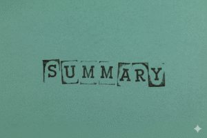 A square-format image featuring the word 'SUMMARY' in a black, vintage typewriter or rubber-stamp style font. The text is centered horizontally and vertically against a solid, textured sage-green paper background. The overall aesthetic is minimalist and professional.