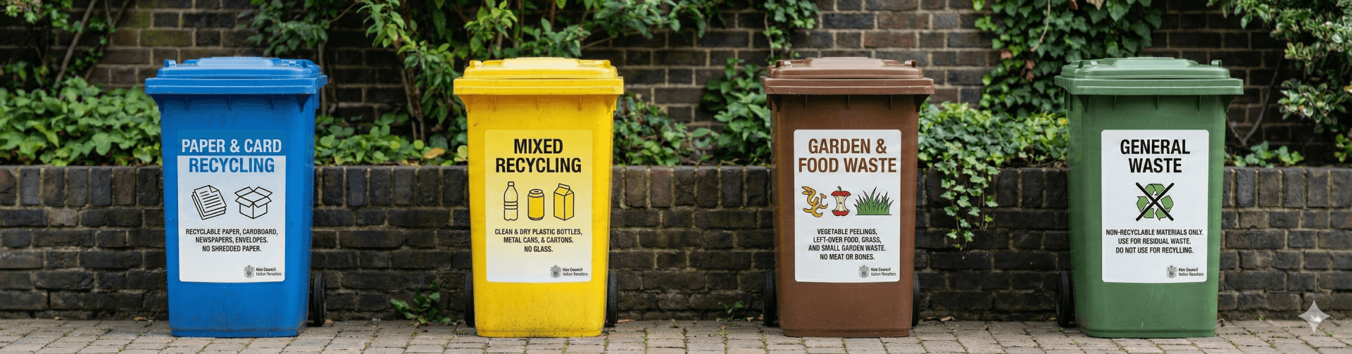 A row of four colourful wheelie bins for recycling, food waste, and general waste.