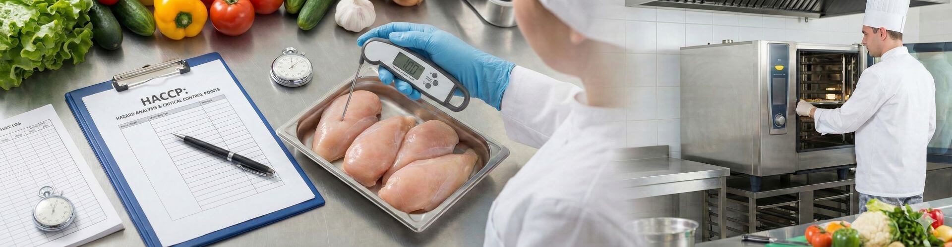 A wide banner showing a professional kitchen setting with a HACCP clipboard and pen, a chef using a digital probe thermometer to check chicken breast temperatures, and an industrial oven in the background.