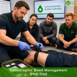A photorealistic AI generated image of a trainer demonstrating a tourniquet technique during catastrophic bleed management training