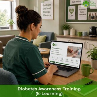 Healthcare worker in a green uniform studying the online Diabetes Awareness e-learning course module on a laptop.