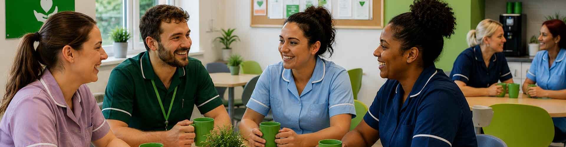 A panoramic banner showing a diverse group of healthcare professionals in colorful nursing scrubs (purple, green, light blue, and navy) sitting together at a table, smiling and chatting over green coffee mugs in a brightly lit modern breakroom.
