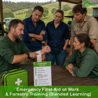 Emergency First Aid at Work +F via blended learning: 2 hours online pre-learning plus 6 hours in the classroom. For low-risk work on Forestry England land. Ofqual option available.