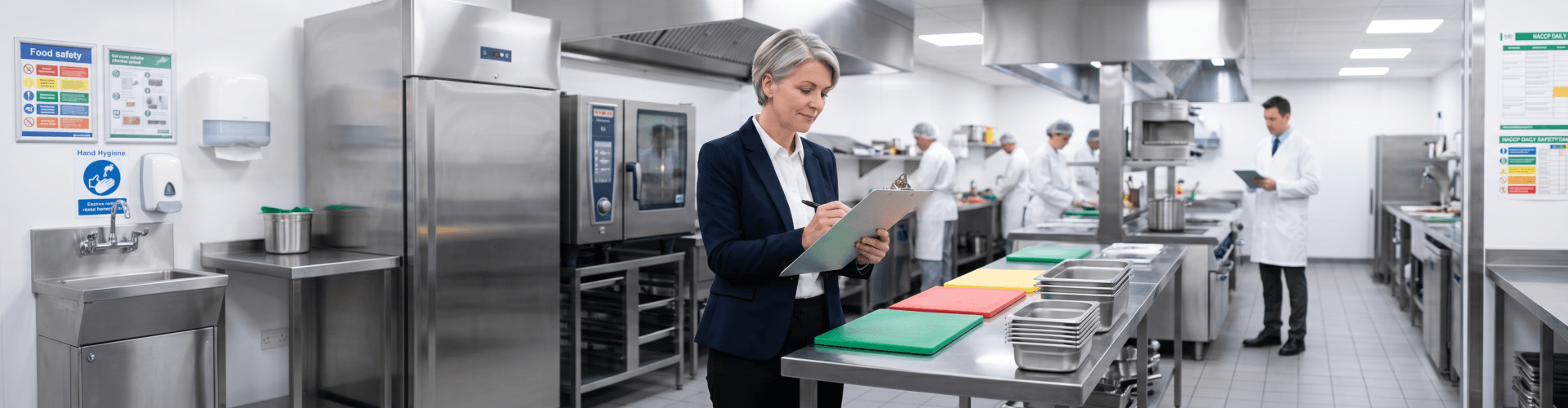 A wide, panoramic photograph capturing a busy yet organized, modern commercial kitchen with multiple stainless steel workstations. In the foreground, a professional middle-aged woman with short grey hair, wearing a dark navy blazer and white shirt, stands focused, holding and writing on a clipboard. She is next to a stainless steel prep table that holds colorful color-coded cutting boards (green, yellow, red) and metal containers.In the background on the left, there is a large industrial refrigerator and a hand hygiene sink with an instructional sign. In the center-background, several kitchen staff wearing white uniforms and hairnets are busy working under a large ventilation hood. Further to the right, a man wearing a white lab coat and dark trousers holds a tablet, looking over a workstation. On the far right wall, a detailed "HACCP DAILY SAFETY LOG" chart and food safety signs are visible. The atmosphere is clean, bright, and focused on compliance.