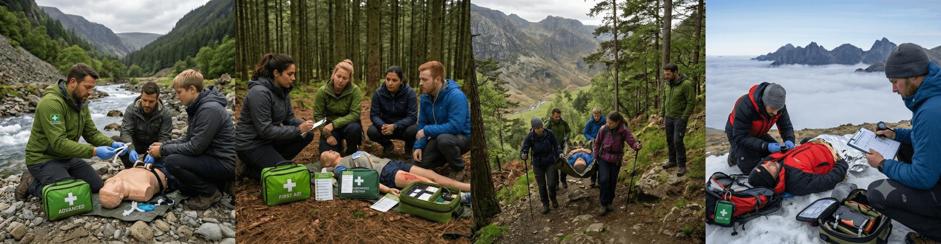 A four-panel photographic banner displaying various wilderness and outdoor first aid training scenarios. From left to right: an instructor demonstrating CPR on a mannequin by a rocky riverbed; a group conducting a mock casualty assessment in a dense pine forest; participants evacuating an injured person in a stretcher down a steep mountain path; and a medical monitoring scenario on a snowy mountain summit above the clouds. Green first aid kits are visible across the scenes.