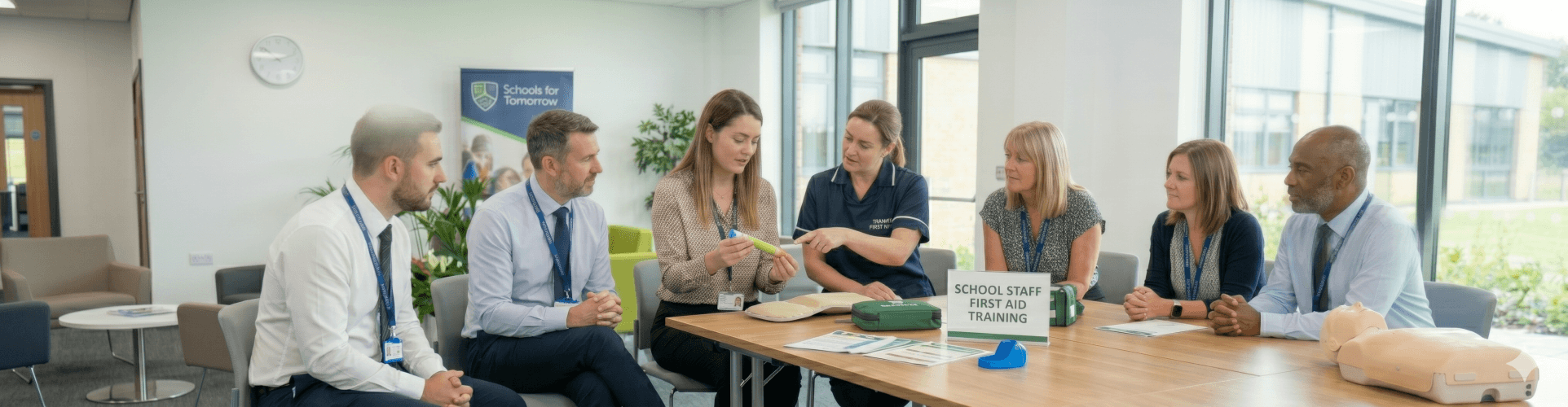A diverse group of seven adults, representing school staff, is seated around a wooden conference table, engaged in a first aid training session. On the table, various training tools are visible, including a realistic CPR training dummy head, a green first aid kit box, and paper training materials. A small, clear sign on the table reads, "SCHOOL STAFF FIRST AID TRAINING". The group is a mix of men in dress shirts and ties with lanyards, and women in business-casual attire, with one woman notably wearing a navy blue scrub top. They are looking at the training materials and conversing, suggesting an interactive learning environment. Large floor-to-ceiling windows line the back wall, offering a view of a green campus-like setting with modern buildings. In the background, a pull-up banner for "Schools for Tomorrow" is partially visible. The room is modern, well-lit, and functional. An analog clock hangs on the far wall.