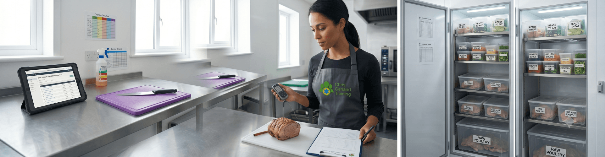 A composite image showing a professional commercial kitchen environment used for food safety training. The left panel features a stainless steel counter with a tablet computer displaying a checklist, purple cutting boards, and cleaning supplies. In the center, a woman in an apron with the 'Chris Garland Training' logo and medical Star of Life symbol uses a digital food thermometer probe on a roasted joint of meat. The right panel displays two open reach-in refrigerators with organized food storage, featuring containers clearly labeled for separating 'READY TO EAT' items on top shelves and raw items like 'RAW POULTRY' and 'RAW MEAT' below.