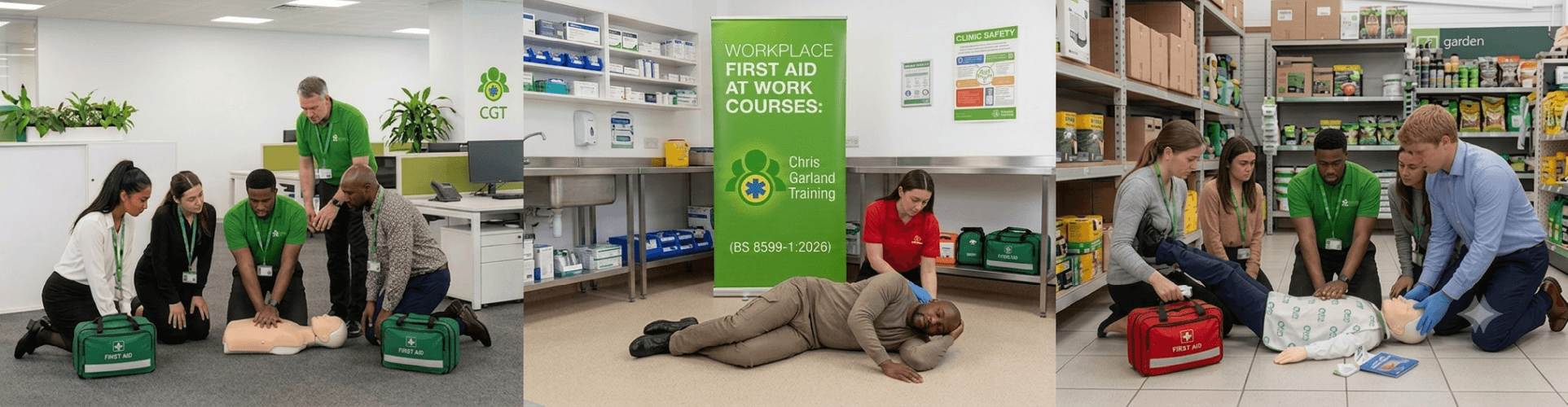 Panoramic banner of workplace first aid training, showing office CPR practice, recovery position, and warehouse casualty care.