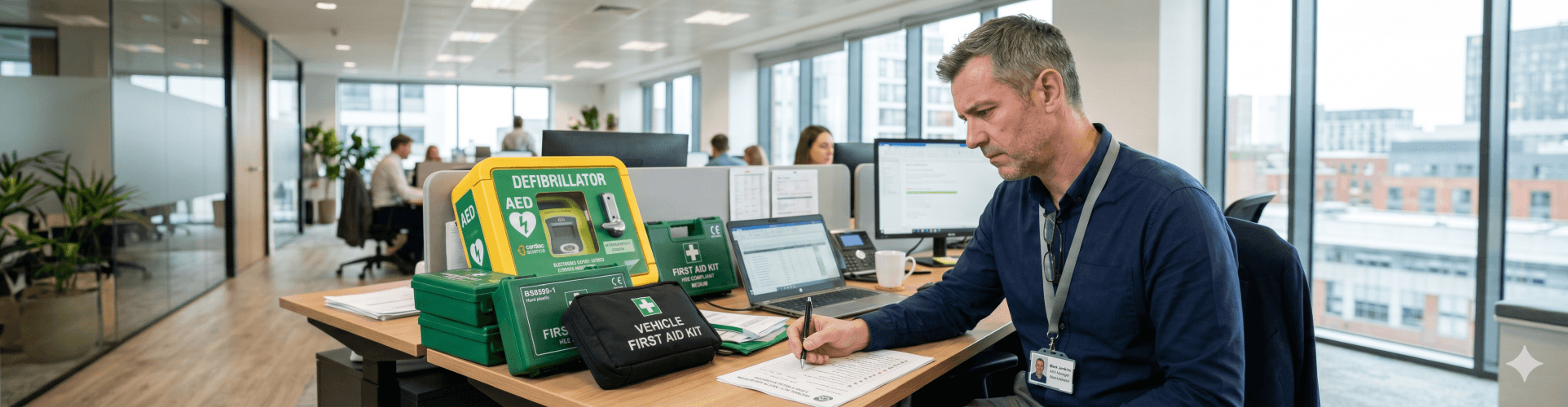 A wide landscape photograph taken in a modern, sunlit open-plan office. In the foreground, a middle-aged man with short, graying hair, wearing a dark blue shirt and a lanyard with an ID, is sitting at a wooden desk and looking down at a printed safety checklist while holding a pen. Arranged on the desk near him is a bright yellow AED defibrillator wall cabinet, a stack of green first aid kits, and a black zippered 'VEHICLE FIRST AID KIT'. In the background, other office workers are seen through glass partitions, and large windows offer a view of a city skyline.