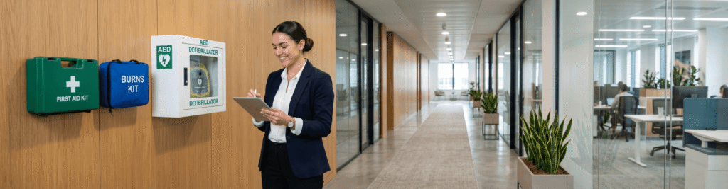 A wide panoramic photograph of a woman in a navy blue blazer, white shirt, and dark trousers standing in a modern, brightly lit office corridor, smiling as she uses a stylus to write on a tablet. Behind her, mounted on a wooden wall panel, are three safety stations: a green first aid kit, a blue burns kit, and an AED defibrillator cabinet. The long corridor features a patterned runner rug, glass partitions leading to other offices, multiple potted snake plants, and linear ceiling lights. Through the glass on the right, other office workers at desks and computers are visible in an open-plan area.