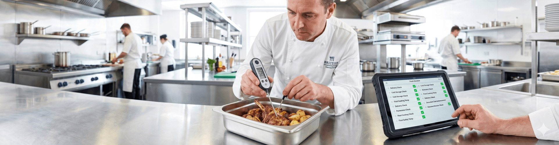 A panoramic view of a modern commercial kitchen, with a chef in a white uniform using a digital thermometer probe to check the temperature of cooked food in a stainless steel container. Nearby, a hand points to a tablet displaying a 'Food Checklist' with multiple green checkmarks for completed safety checks. Several other kitchen staff work at different stations in the background, surrounded by stainless steel equipment and professional ventilation.