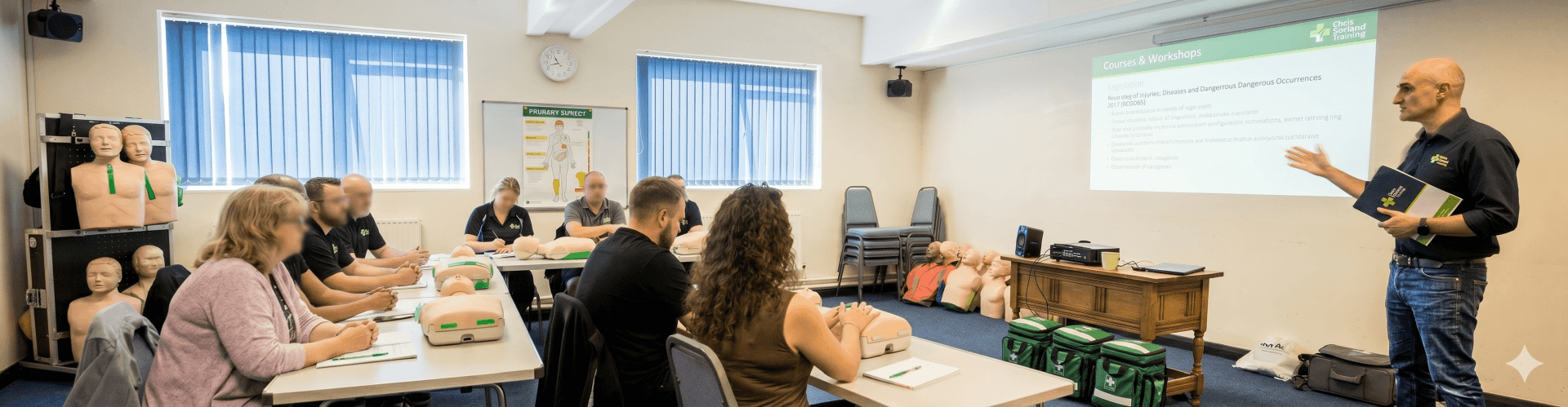 Wide-angle banner photograph of a professional first aid training session with Chris Garland Training. On the right, a male instructor in a corporate polo gestures towards a projector screen, while a diverse, anonymized group of attendees are seated at a table practicing techniques on first aid manikins in a modern classroom.