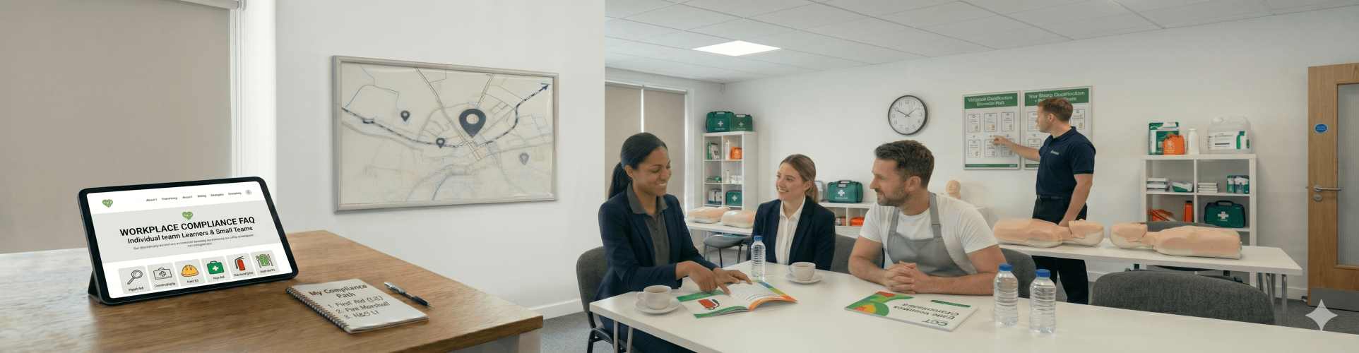 A wide panoramic banner showing a bright, professional corporate training room for Chris Garland Training. On the left, a wooden desk holds a tablet displaying a "Workplace Compliance FAQ" webpage and a spiral notepad with a handwritten compliance checklist. In the center, a diverse group of three professional learners sits at a white table reviewing a fire safety brochure; two women are dressed in smart navy business blazers and a man wears a white t-shirt and grey apron. In the background, an instructor in a navy polo points to a qualification flow chart on a clean white wall, surrounded by shelves containing green first aid kits and CPR training manikins.
