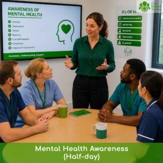 An Ofqual-regulated, half-day Mental Health Awareness qualification for any employee. Covers mental health definitions, common conditions, stigma and personal wellbeing strategies. Available face to face and online.