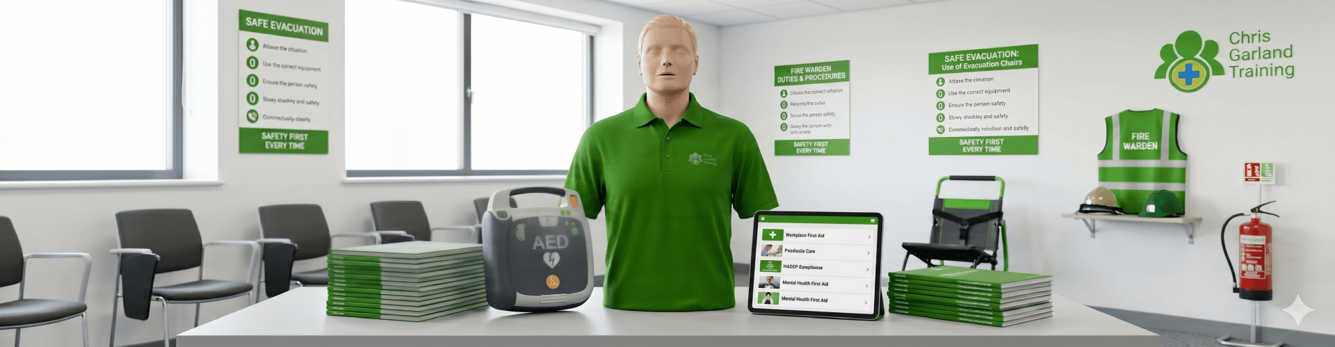 Wide-angle view of a bright compliance training classroom featuring a CPR manikin torso in a corporate green polo shirt, an AED trainer, course manuals, an evacuation chair, and fire warden equipment.