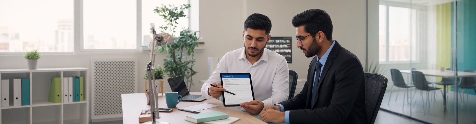 Two male professionals sitting at a modern desk, reviewing feedback reports and charts on a tablet in an office.