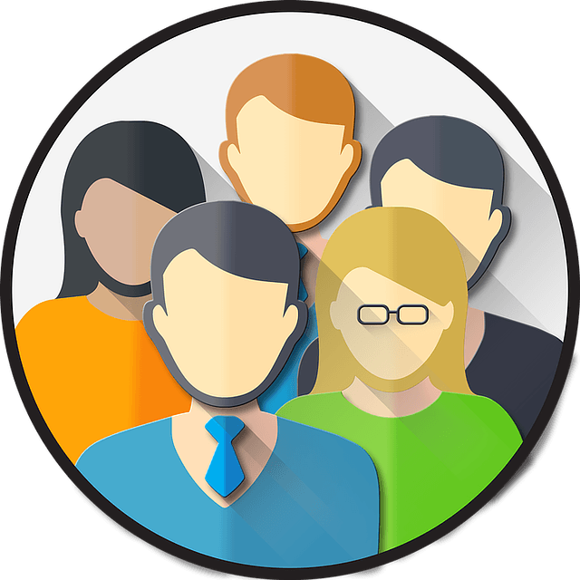 A diverse group of stylized user avatars and team member icons arranged together in a circular frame.