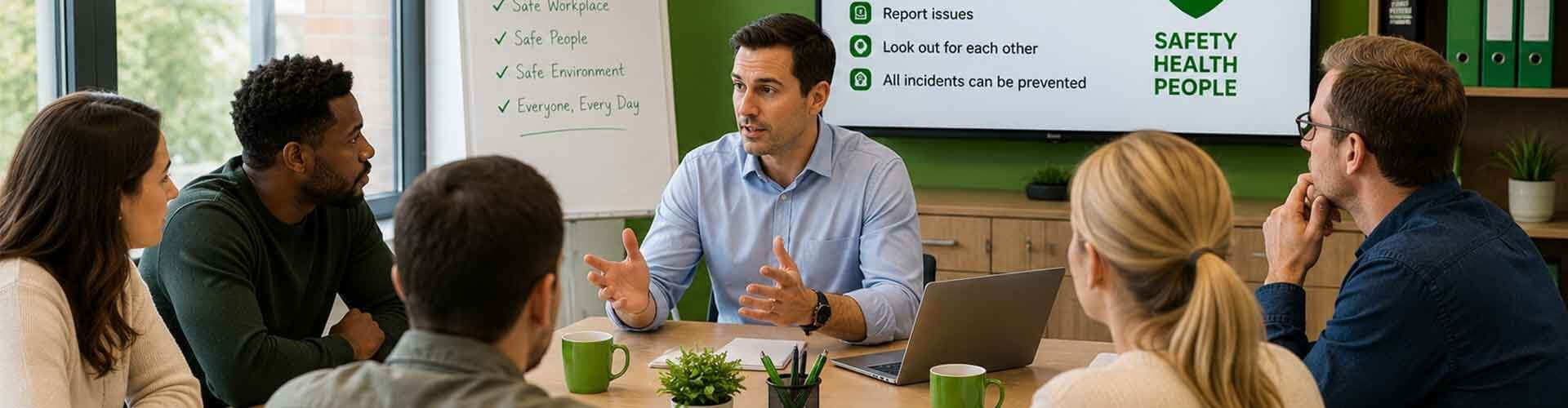 A corporate training room presentation. A male instructor in a light blue shirt gestures while speaking to an attentive audience of business professionals seated around a conference table. In the background, a digital screen displays a "Safety Health People" graphic.