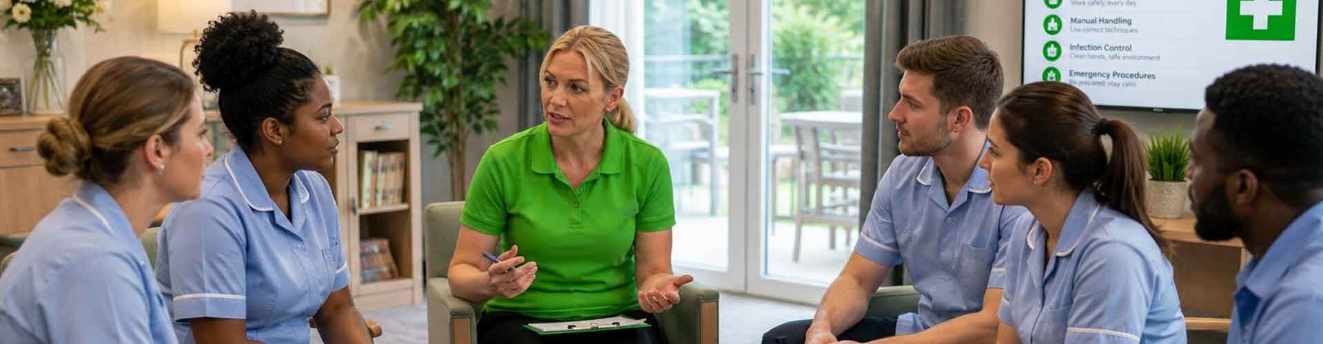 Care home staff training session showing an instructor with a clipboard addressing care workers in scrubs.