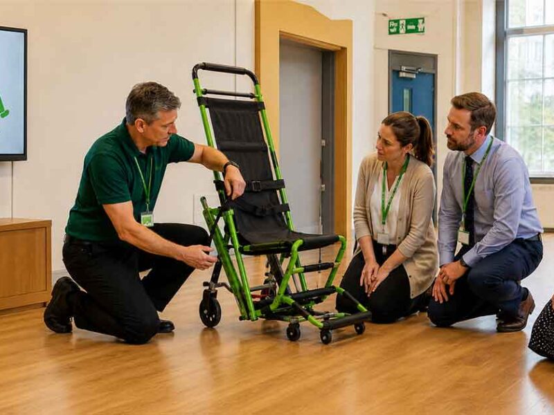 An instructor demonstrates the mechanical features of a bright green evacuation chair to an attentive group of business professionals during an on-site emergency workplace safety training course.