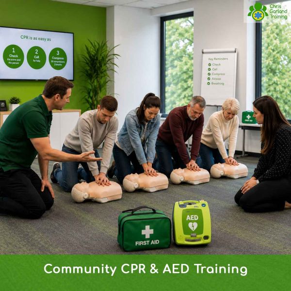 First aid instructor guiding adult students learning chest compressions on CPR manikins during community training.