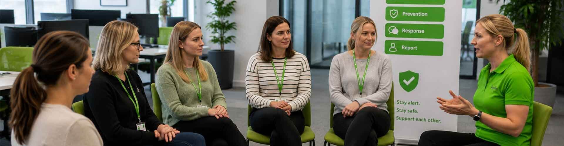 A workplace security workshop setup. A female trainer in a green polo shirt talks to a group of professional office employees sitting in a circle. Next to her, a large banner displays 