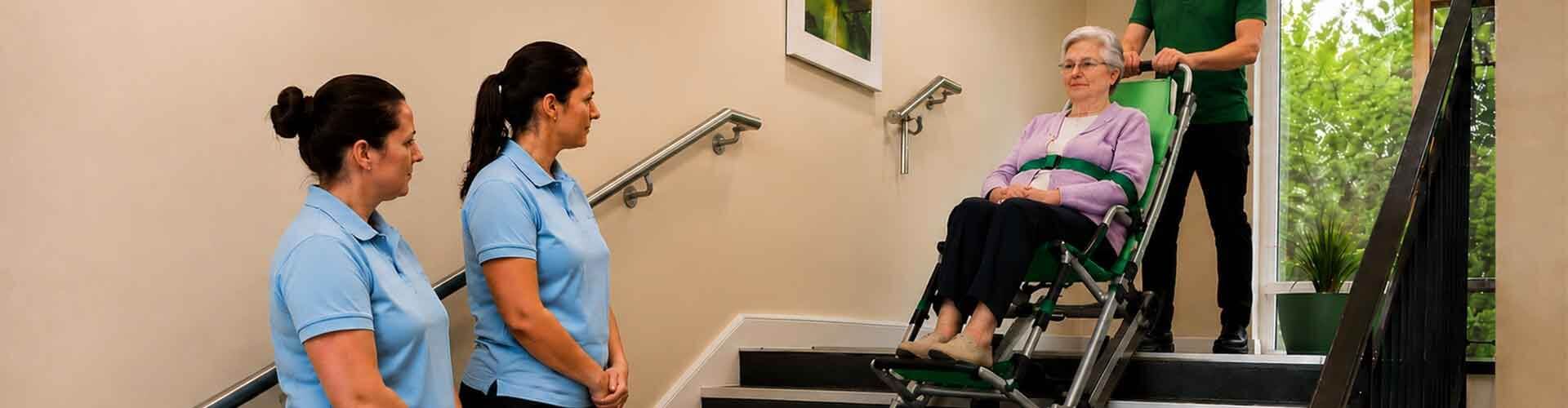 A practical evacuation chair training exercise on a staircase. A male instructor in a green polo shirt guides a training model down the stairs in a green emergency evacuation chair, while two female staff members in light blue shirts look on attentively.