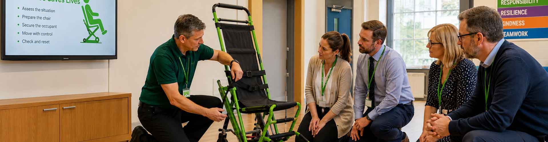 An instructor demonstrates the mechanical features of a bright green evacuation chair to an attentive group of business professionals during an on-site emergency workplace safety training course.