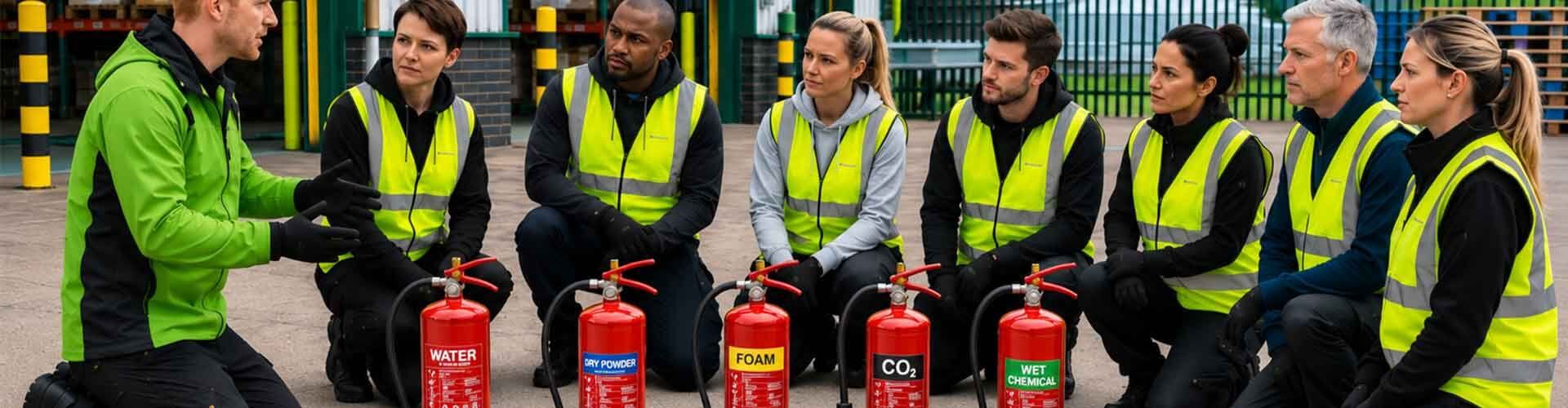 An outdoor practical fire marshal training session. A fire safety instructor in a green jacket kneels on the left, explaining procedures to a group of corporate trainees in high-visibility yellow vests. Five different colored fire extinguishers (Water, Dry Powder, Foam, CO2, Wet Chemical) are lined up on the tarmac.
