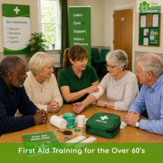 First aid instructor teaching arm bandaging techniques to a group of elderly participants at a table.