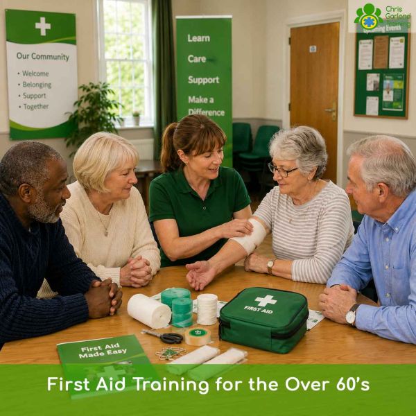 First aid instructor teaching arm bandaging techniques to a group of elderly participants at a table.